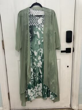 Womens Green Floral Sleeveless Midi Dress w/Sheer Open Front Duster Size XL NWOT